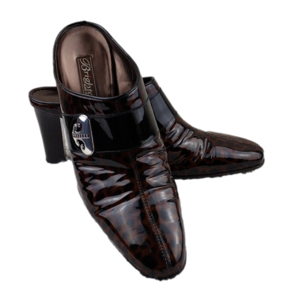 Brighton Runway Black Brown Cheetah Print Patent Leather High Heel Mule Shoe - Picture 1 of 15